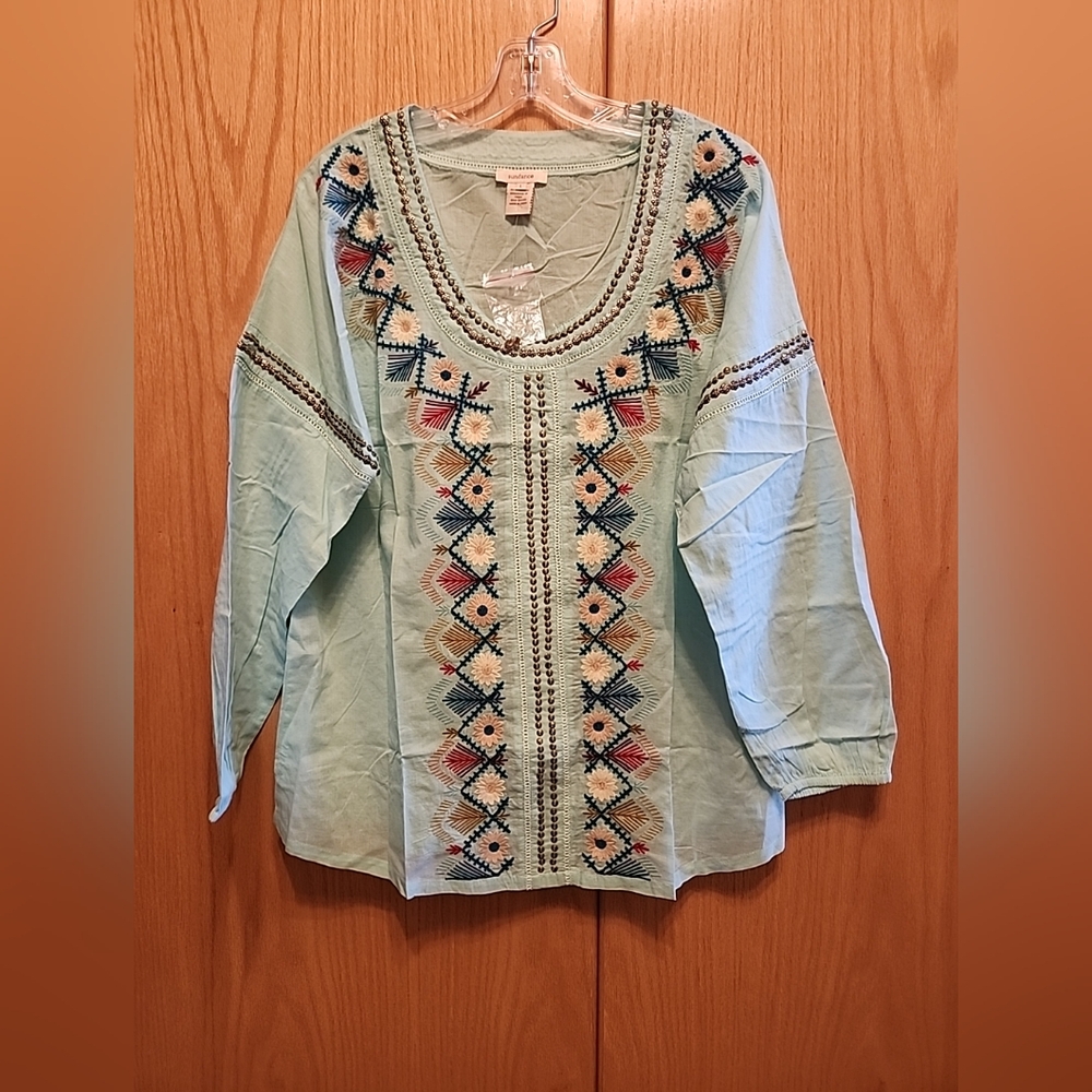 SUNDANCE Embroidered Aqua embellished Top New Boho Bohemian Artsy Festival